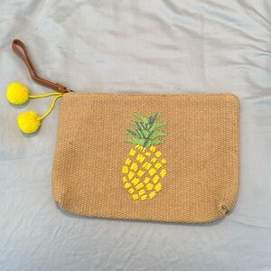 Old Navy Straw Pineapple Clutch with Pom Poms